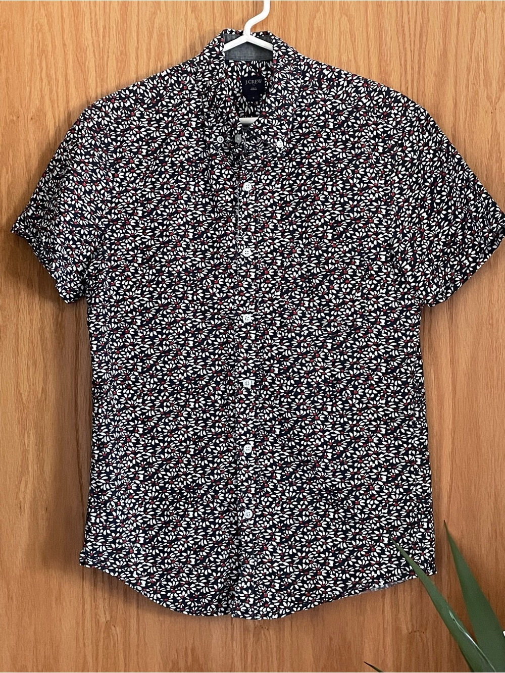 J. Crew Navy Short-Sleeve Button-Down Shirt with White & Red Floral Print